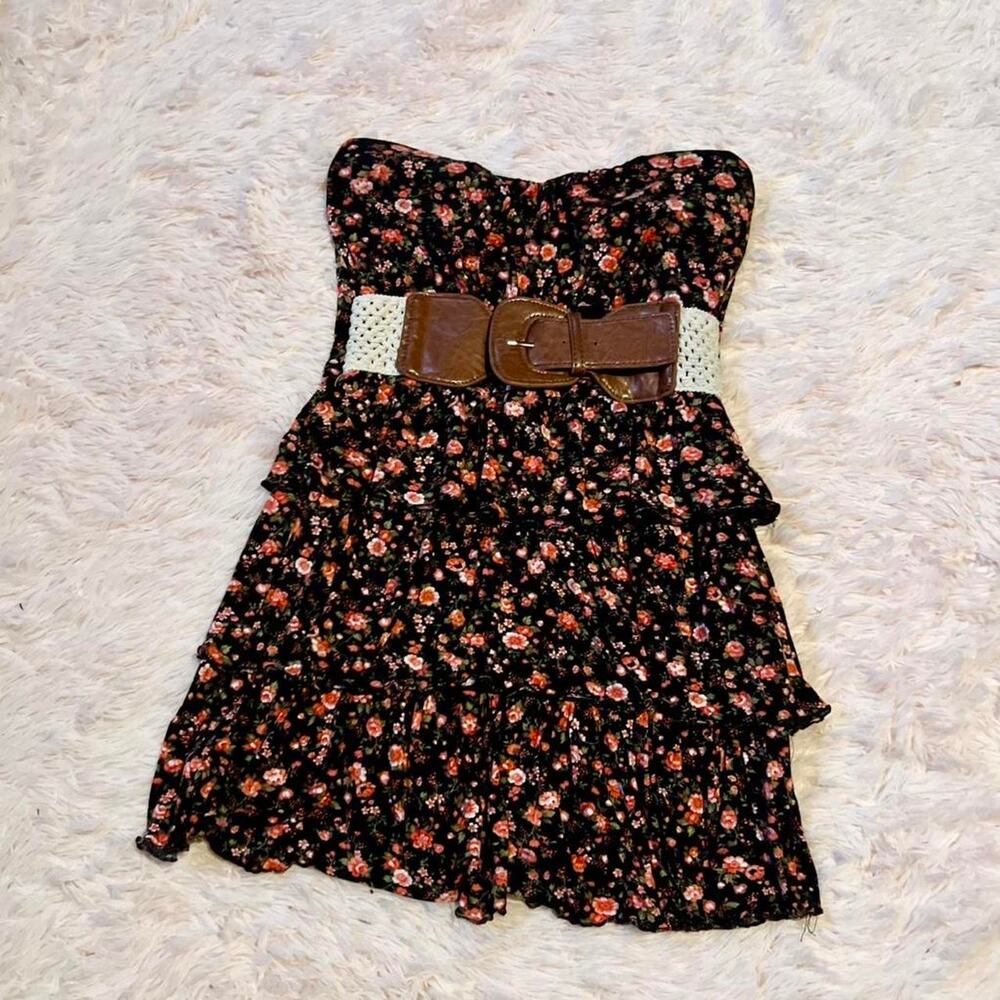 Vintage Y2K Boho Fairy Cottage Core Festival Whimsical Floral Belted Mini‎ Dress